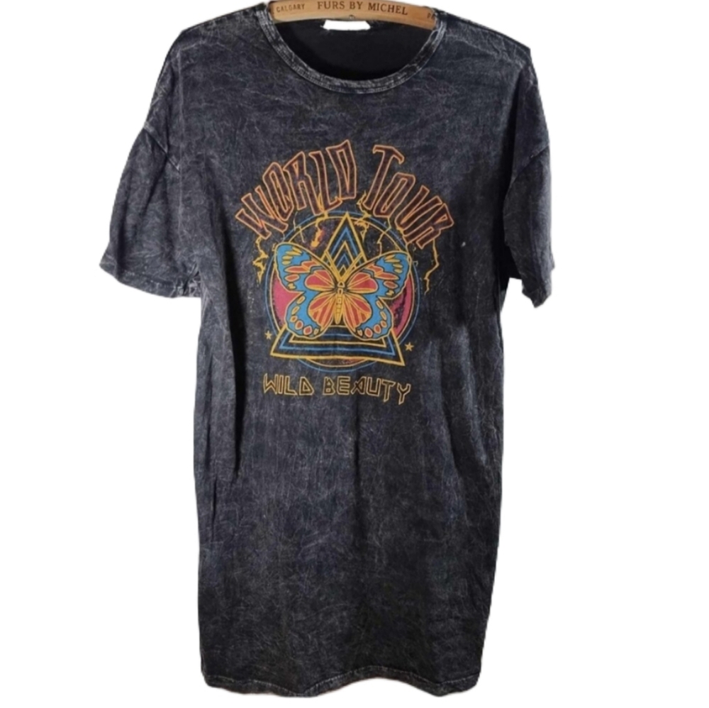 Distressed "WORLD TOUR" black grey grunge shirt dress or nighty oversized